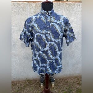 PreOwned Reyn Spooner Blue Hawaiian Print 3/4 Button Men's Medium